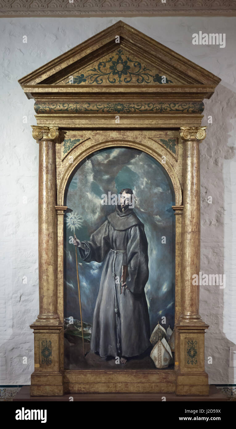La pittura di San Bernardino di Siena (1603) da spagnolo pittore manierista El Greco sul display in El Greco Museum di Toledo, Spagna. Foto Stock