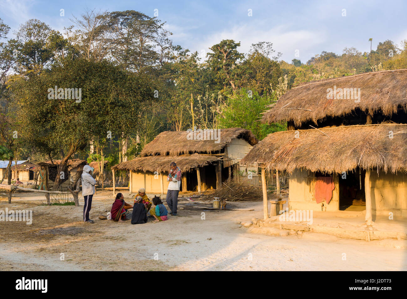 Il paesaggio agricolo con tipiche case coloniche nel villaggio pandavnagar in Chitwan il parco nazionale Foto Stock