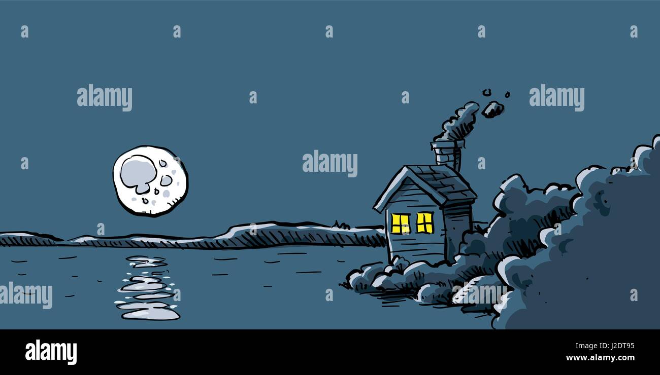 Un cartoon la luna piena sorge sopra un lago da una cabina. Illustrazione Vettoriale