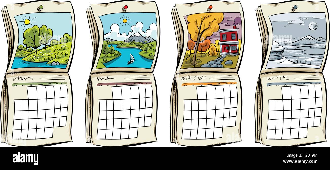 Un set di quattro calendari stagionali per ogni stagione. Illustrazione Vettoriale
