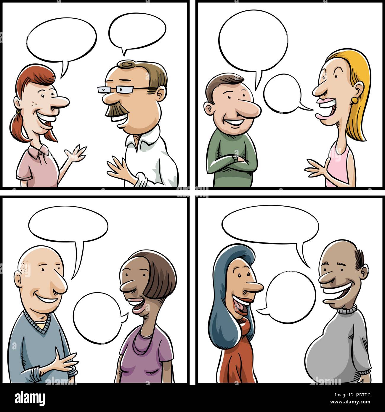Quattro pannelli di una varietà di cartoon di persone aventi le conversazioni con vuoto fumetti con copyspace. Illustrazione Vettoriale