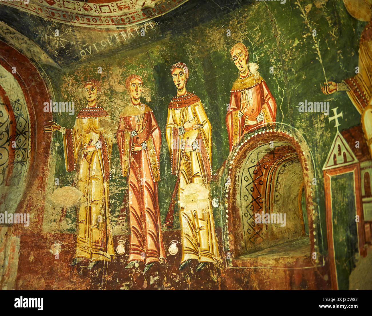 Undicesimo secolo affreschi romanici dell'abside laterale di Sant Quirze de Pedret mostrante la parabel delle dieci vergini dal Vangelo di san Matteo. Foto Stock