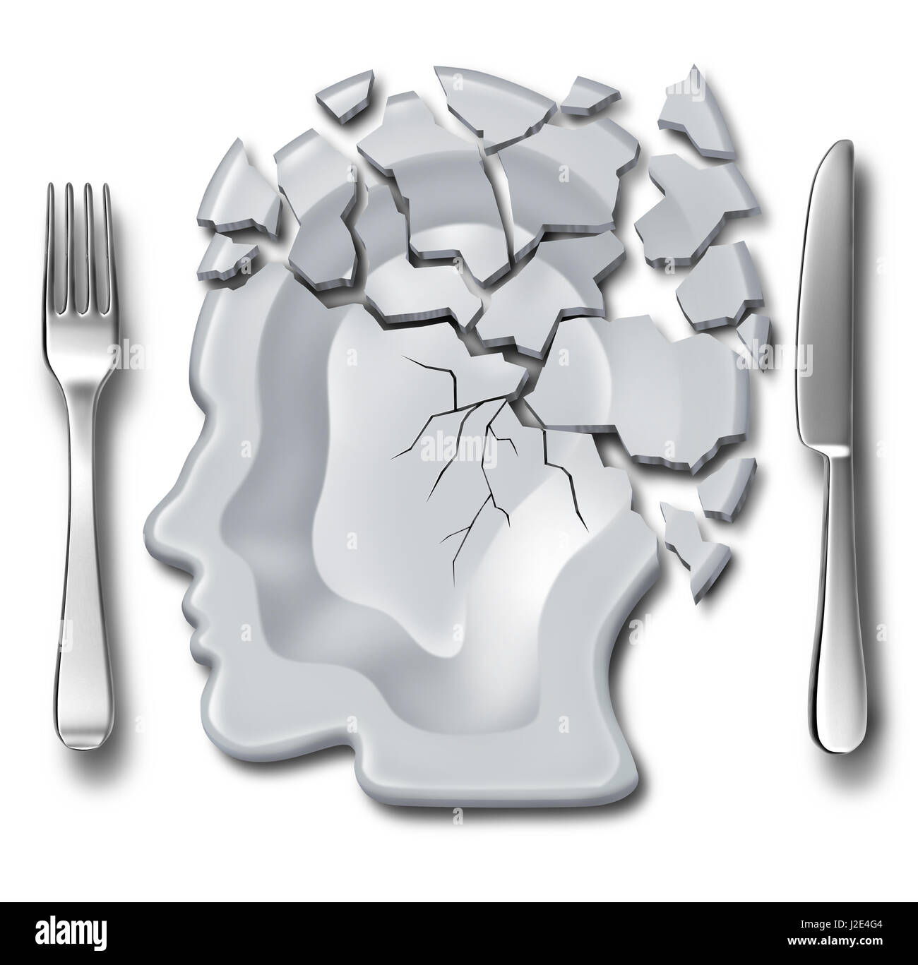 Il mal di testa di emicrania e burnout di medico e di salute mentale di un concetto o di un crollo emozionale come simbolo di un luogo impostazione con una rottura piastra. Foto Stock