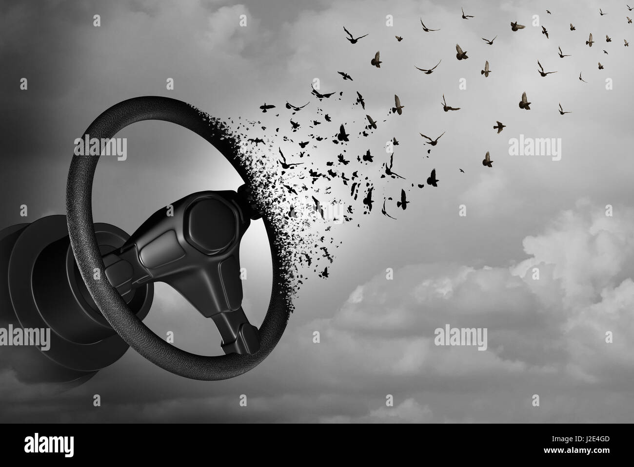 Guida autonoma e pilota automatico auto il concetto di driver come un auto volante trasformando per gli uccelli come una surreale automobile idea o battenti auto. Foto Stock