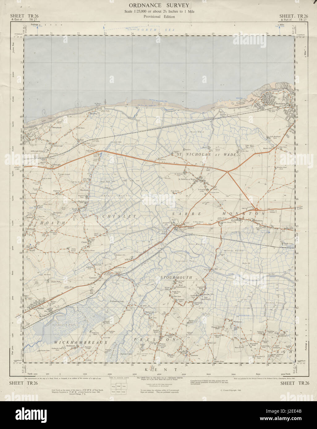 Vintage Ordnance Survey OS foglio di mappa TR26 Stourmouth Sarre Monkton 1960 Foto Stock