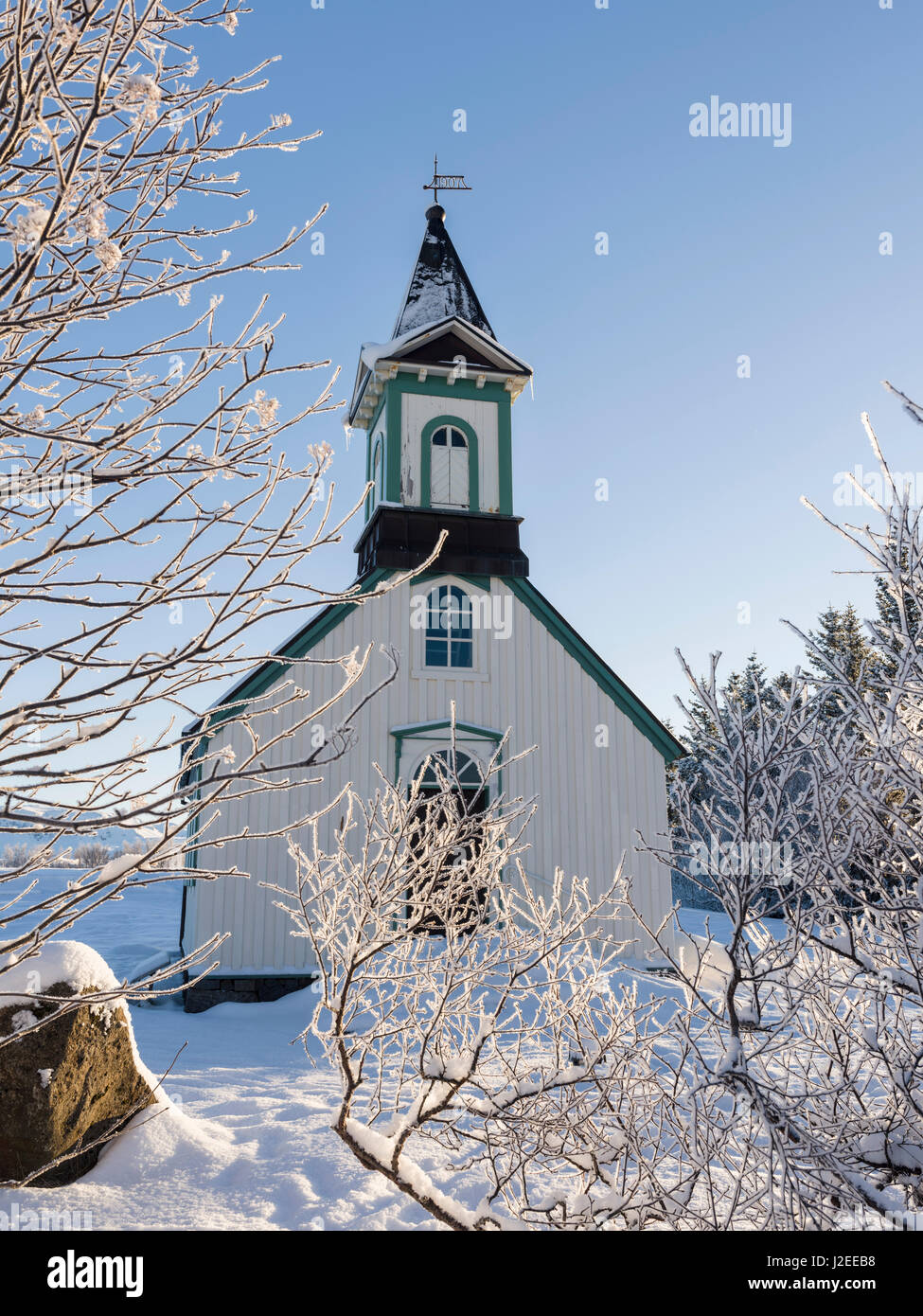 La chiesa di Thingvellir in Thingvellir National Park in Islanda durante l'inverno. Thingvellir è elencato come patrimonio mondiale dell'UNESCO. La Scandinavia, Islanda Foto Stock