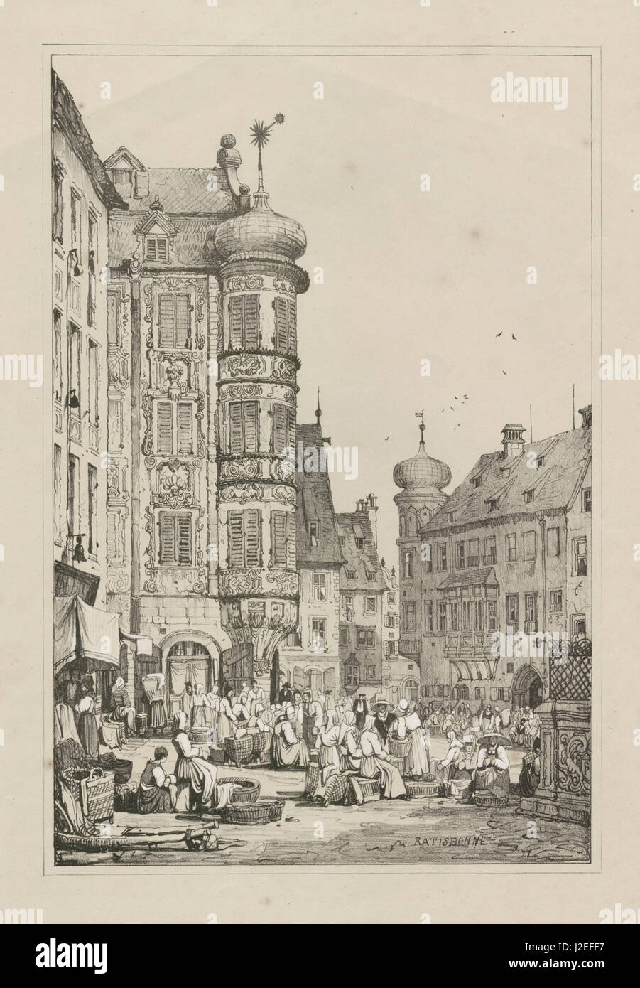 Ratisbonne. Regensburg. Litografia rara da Samuel Prout c1830 stampa vecchi Foto Stock