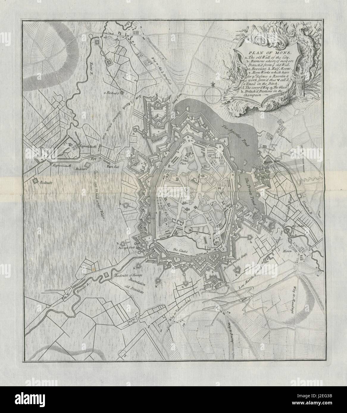 "Piano di Mons", antichi piano urbanistico di Claude DU BOSC c1735 mappa vecchia Foto Stock