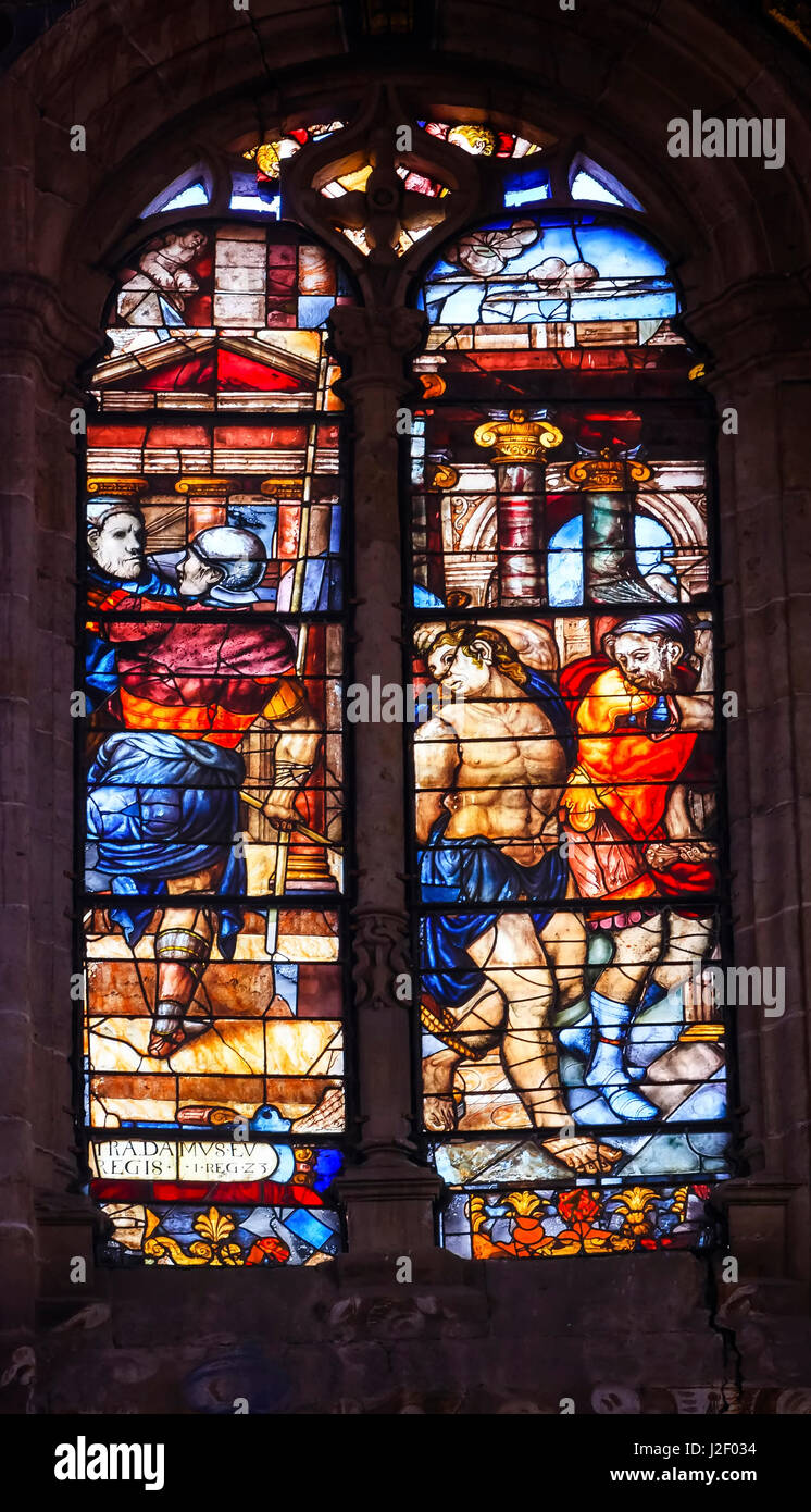 Gesù Cristo, Soldati, vetrate, Salamanca nuova cattedrale, Castiglia, Spagna. La nuova cattedrale fu costruita dal 1513 al 1733 e commissionato da Ferdinando V di Castiglia, Spagna. Foto Stock