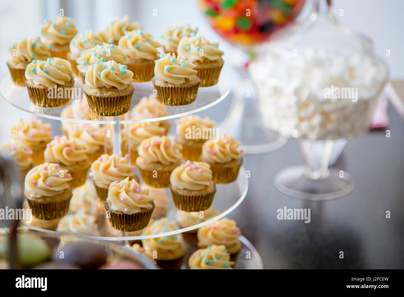 Baccelli di vaniglia mini tortine decorate con ciano e rosa candy talloni su cancella il vassoio su un tavolo da dessert con marshmallows, giuggiolo, e amaretti Foto Stock