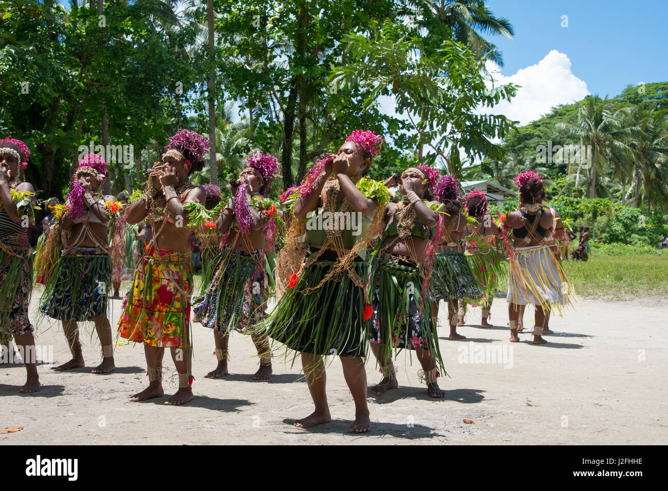 La Melanesia, Makira-Ulawa Provincia, Isole Salomone, isola di Owaraha o Owa Raha (precedentemente noto come Santa Ana), villaggio di Gupuna aka Ghupuna. Tradizionali prestazioni folkloristiche della tipica donna danza. (Grandi dimensioni formato disponibile) Foto Stock