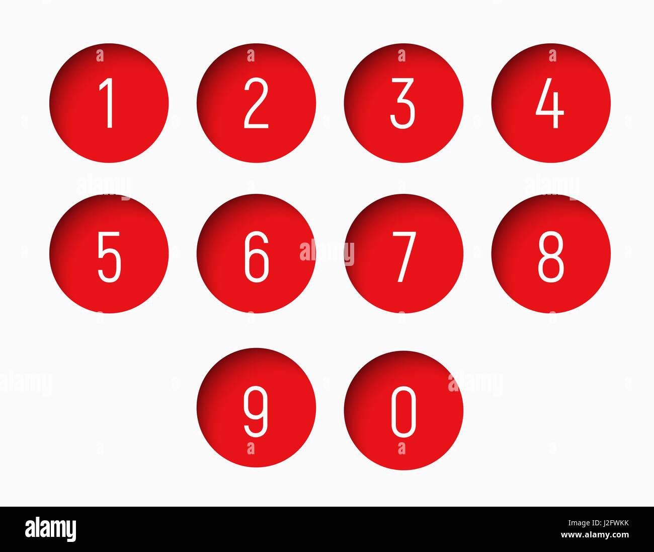 Serie di numeri da 0 a 9 con un rosso rotondo forma con un ombra interna. Illustrazione Vettoriale Illustrazione Vettoriale