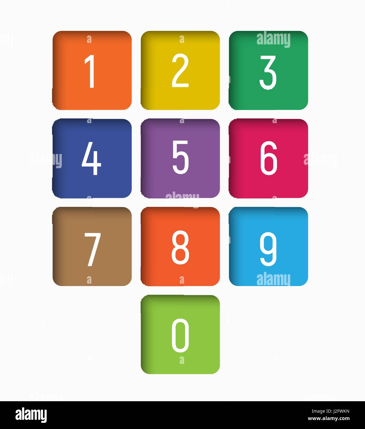 Serie di numeri da 0 a 9 in multi-quadrati colorati con un ombra interna. Illustrazione Vettoriale Illustrazione Vettoriale