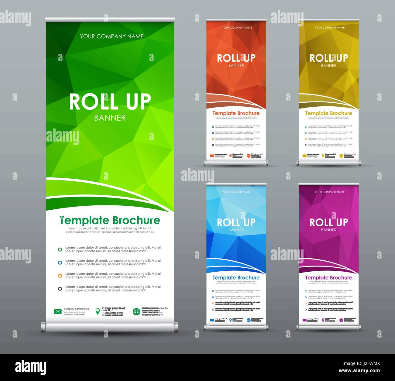 Set di roll up banner per il business con abstract sfondo poligonale. Modello di un opuscolo verticale con un posto per una foto. Illustrazione Vettoriale Illustrazione Vettoriale