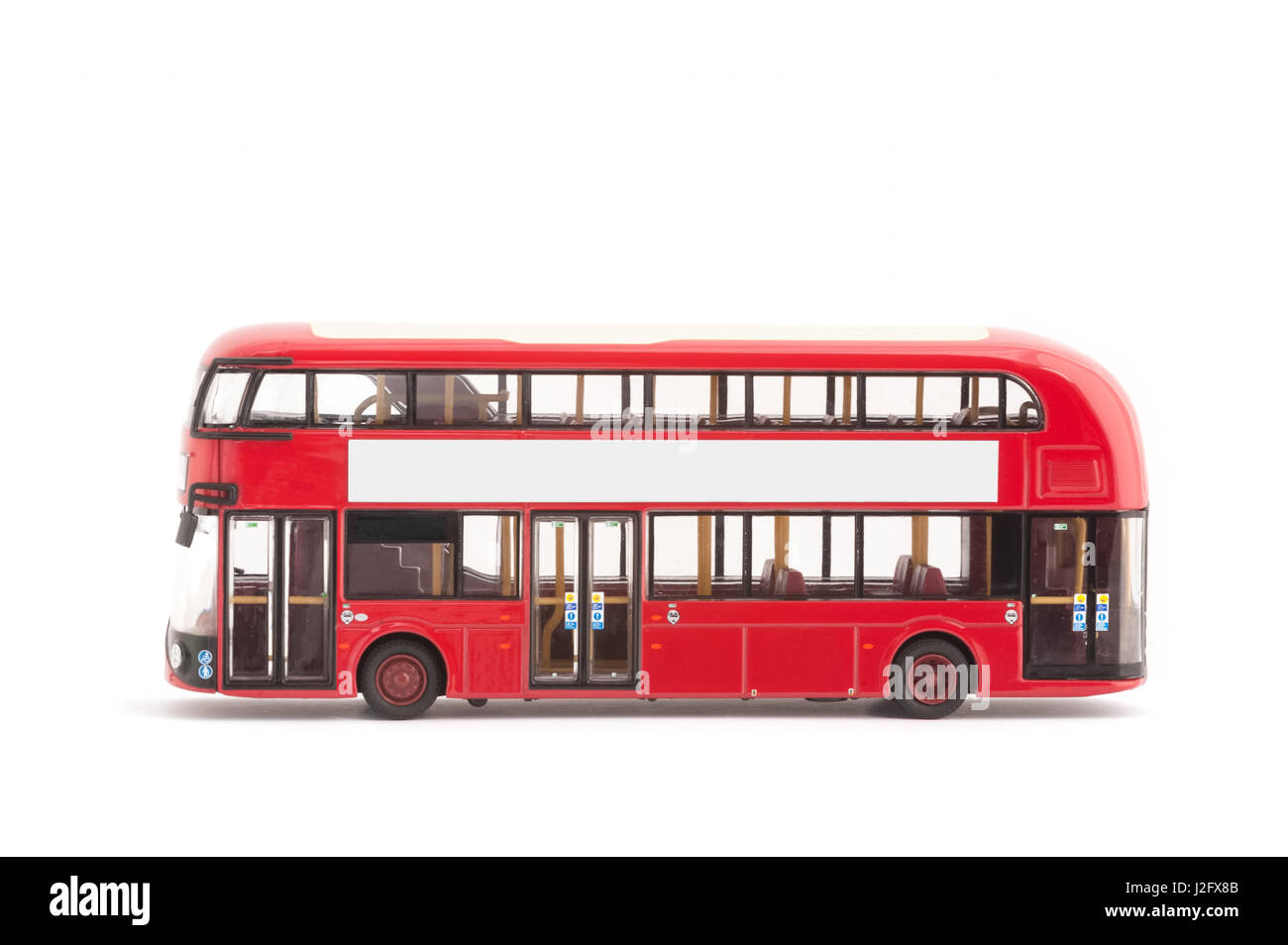 Modello in miniatura di un moderno rosso london bus su sfondo bianco Foto Stock