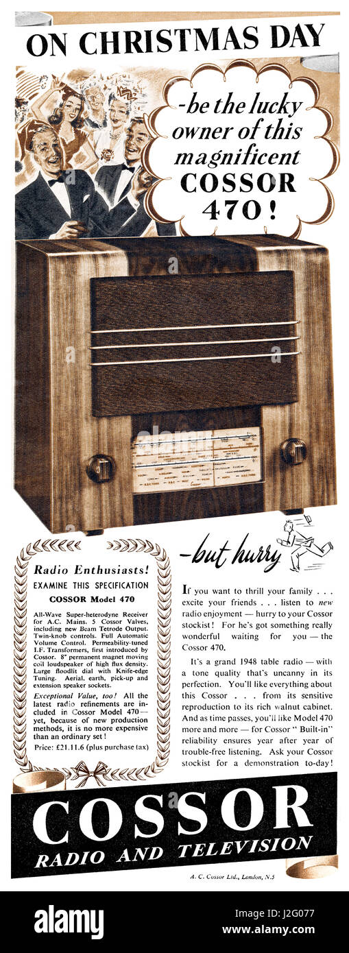 1947 Natale inglese annuncio per il Cossor 470 radio. Foto Stock