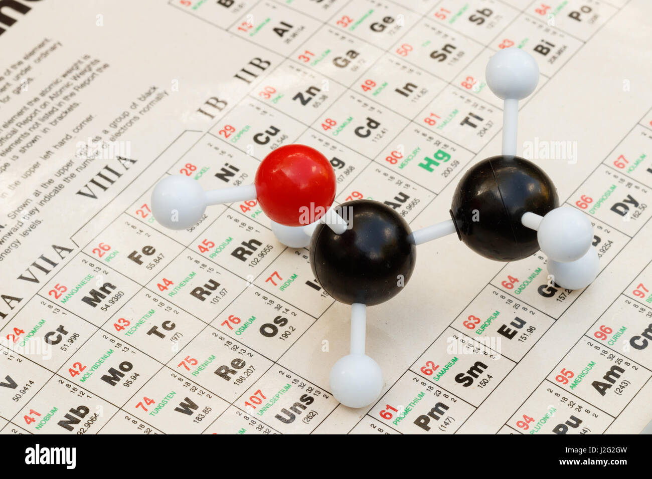 Sfera-e-stick modello di etanolo (alcool, C2H5OH) con la tabella periodica degli elementi sullo sfondo. Foto Stock