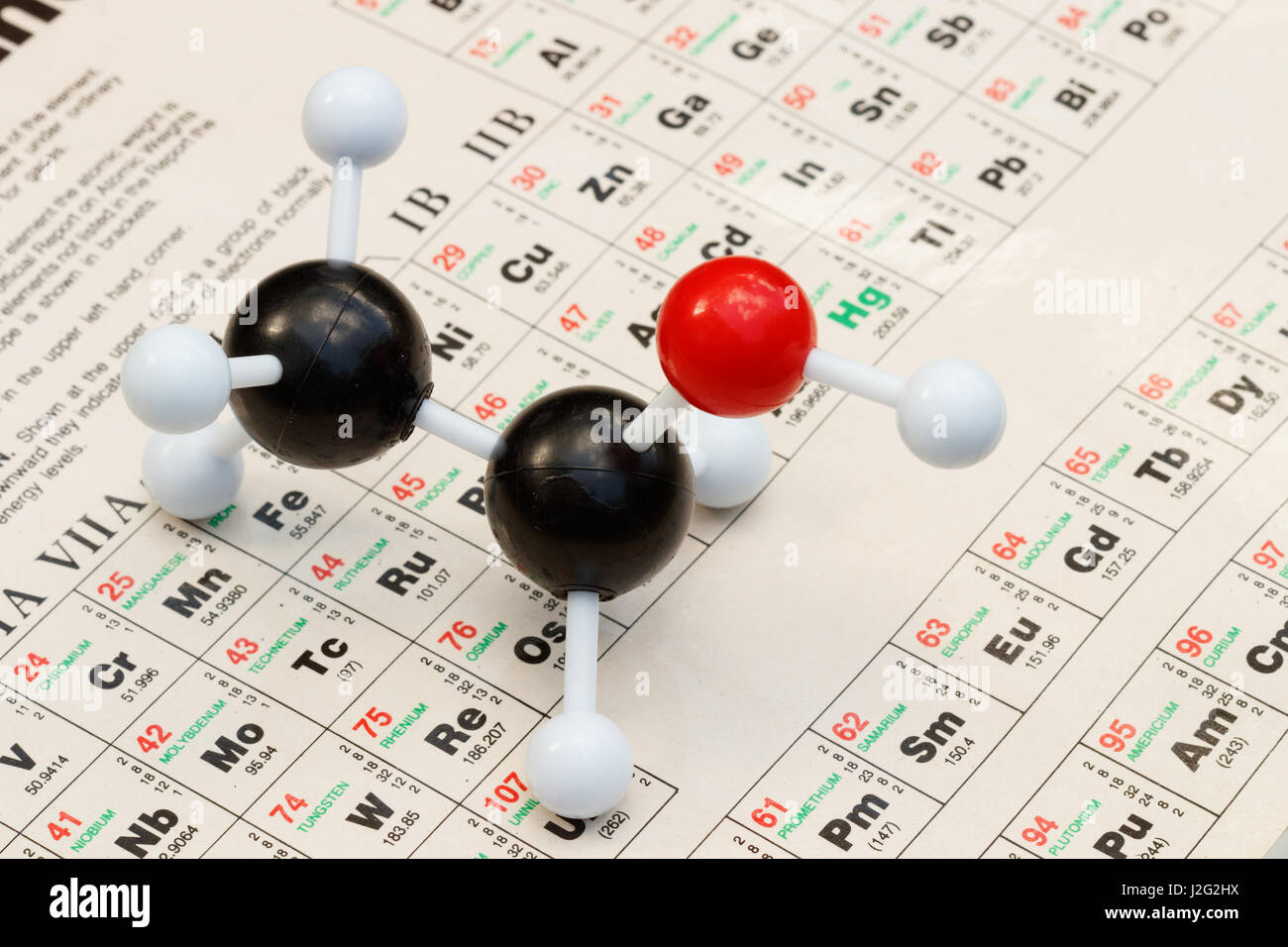 Sfera-e-stick modello di etanolo (alcool, C2H5OH) con la tabella periodica degli elementi sullo sfondo. Foto Stock