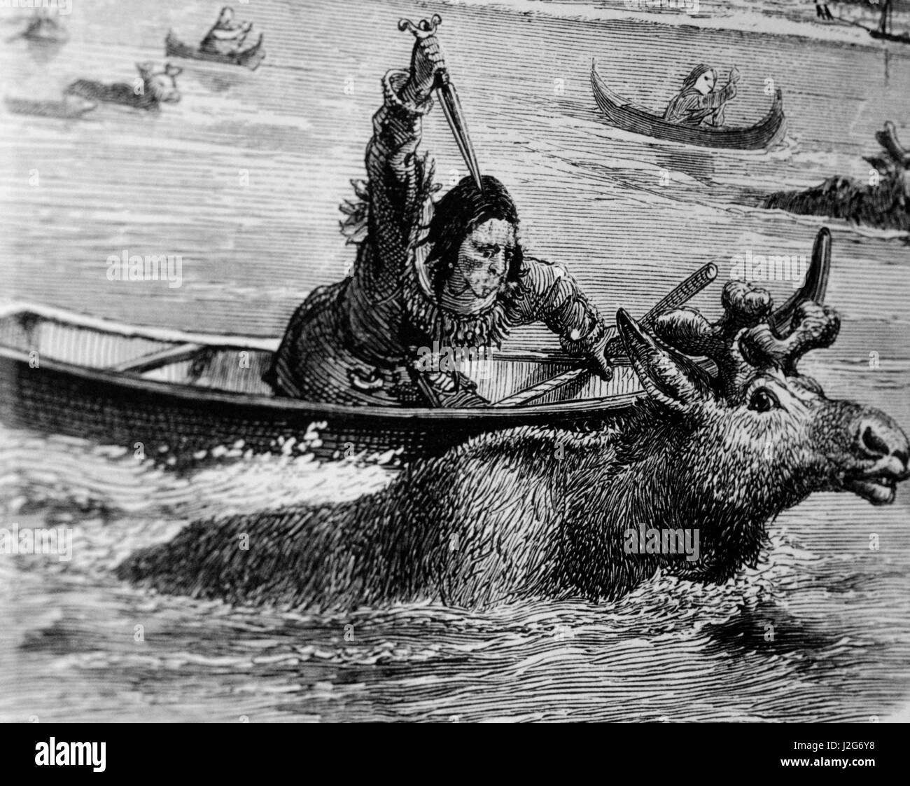 Mentre le alci attraversato acque, tribù native pala sarebbe una canoa fino abbastanza vicino per utilizzare una lancia o coltello Foto Stock