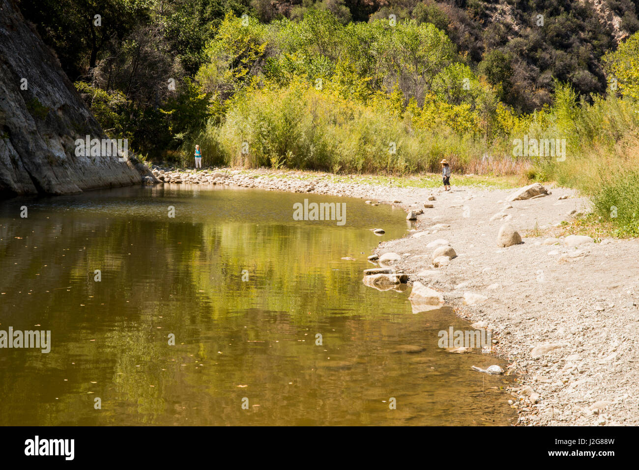 Stati Uniti d'America California, Los Padres National Forest, (dal Paradiso accesso stradale off Route 153 a Santa Ynez Valley), Santa Ynez River, basso letto di ruscello a causa di 3 anni di siccità a popolare Red Rocks jumping dal punto di grandi dimensioni formato disponibile) Foto Stock