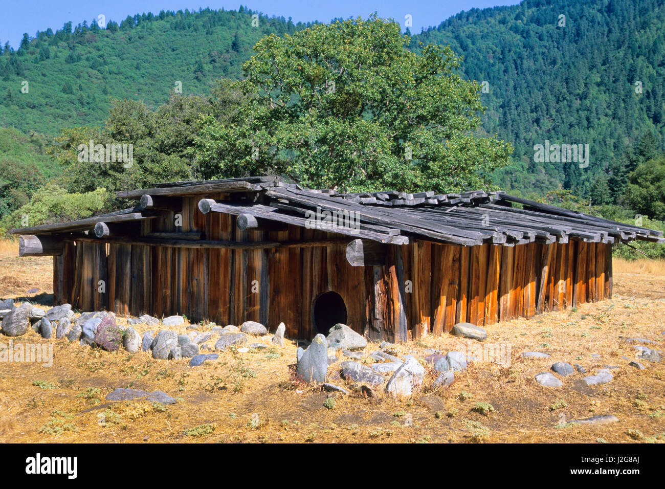 Tradizionale Indiano Hupa dimora fatta da Spalato in legno di cedro collocate lungo la Hoopa Valley, CA Foto Stock