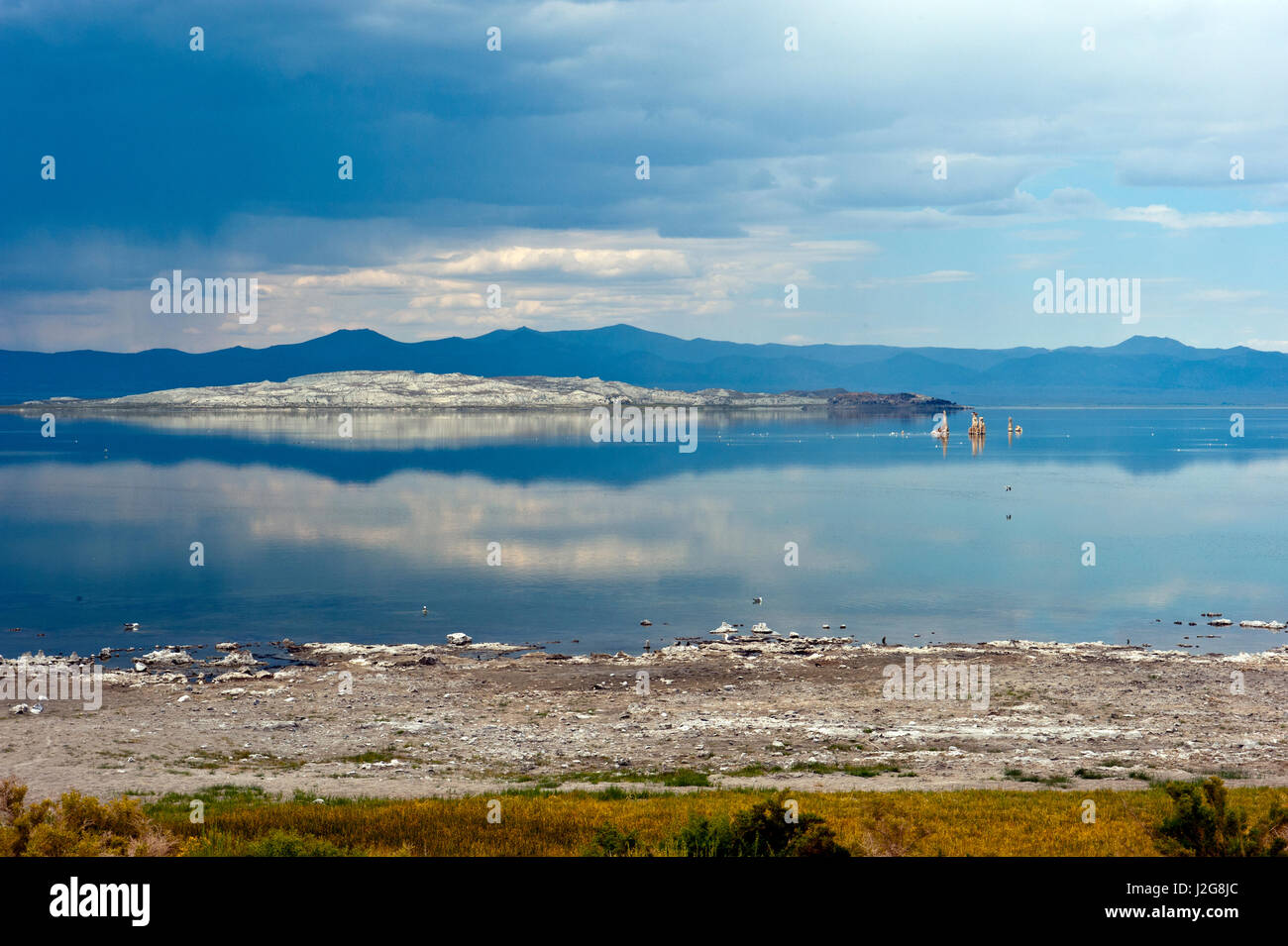 Stati Uniti, California, Lee Vining, Mono Lake e pioggia nuvole dal Navy Area di spiaggia Foto Stock