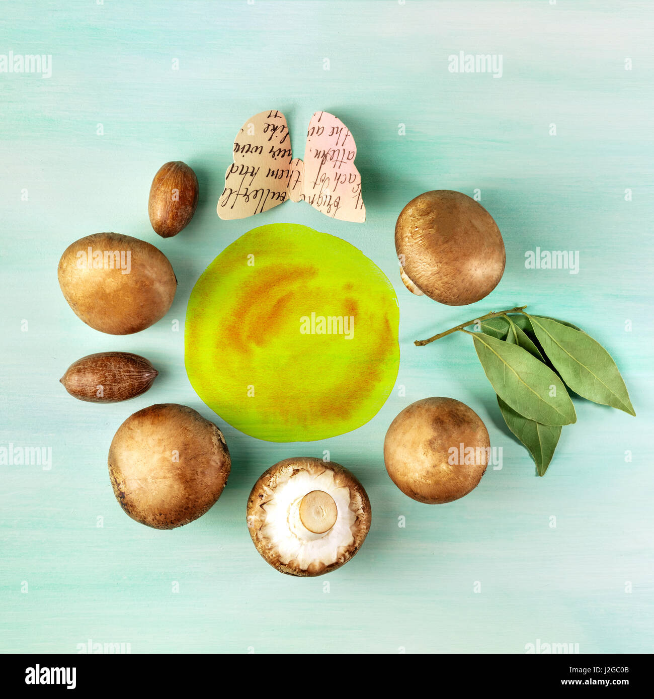 Un overhead foto di funghi champignon con noci pecan, foglie di alloro, una farfalla di carta e un acquerello texture con un posto per il testo su un teal wo Foto Stock