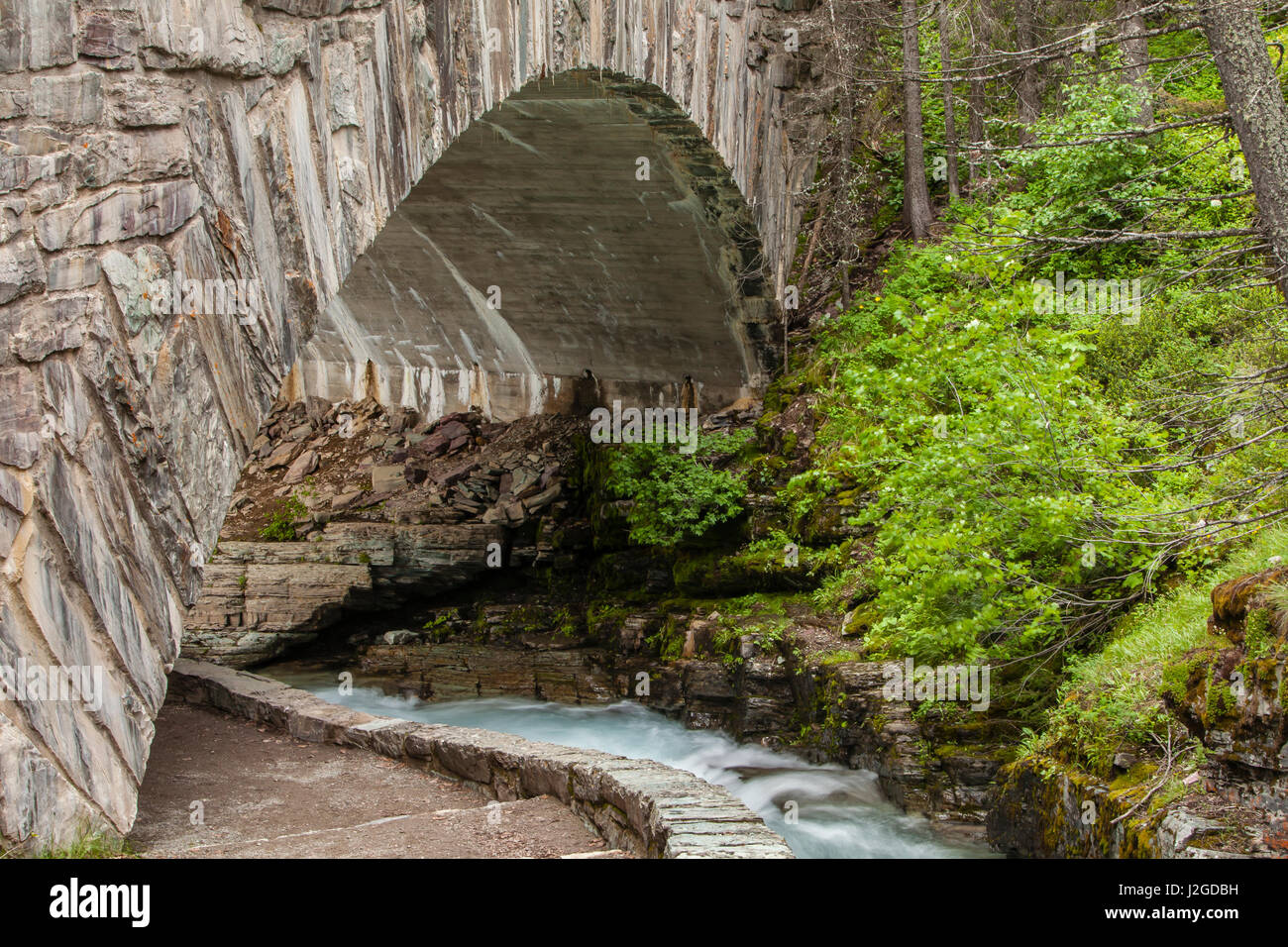 CCC ponte sul torrente di blocco presso il Sun Rift Gorge, estraibili Glacier National Park Foto Stock