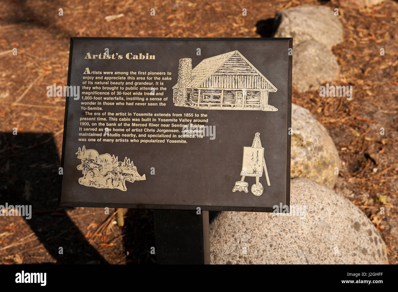 Stati Uniti d'America, in California, del Parco Nazionale Yosemite, Pioneer History Center artisti cabina cartello informativo Foto Stock