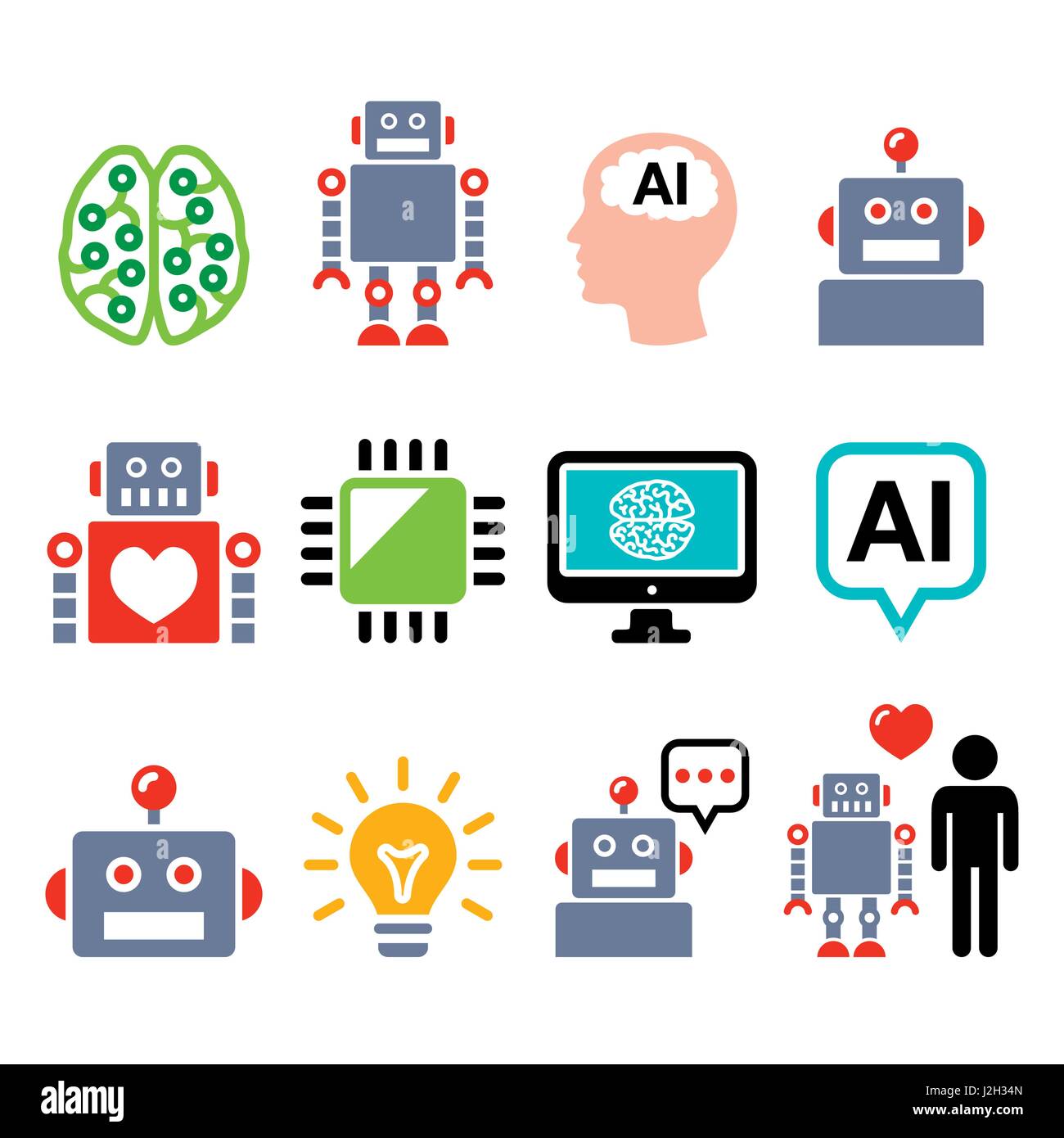 Robot, intelligenza artificiale (AI), cyborg set di icone Illustrazione Vettoriale