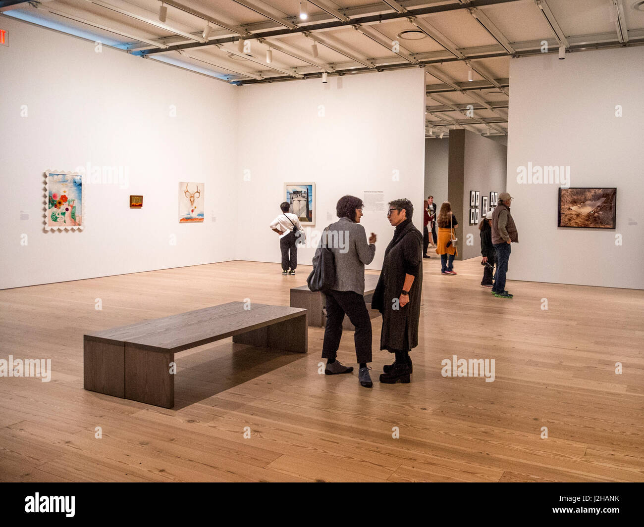 I visitatori del Whitney Museum of Art di New York City View una mostra di inizio xx secolo Arte Americana. Foto Stock