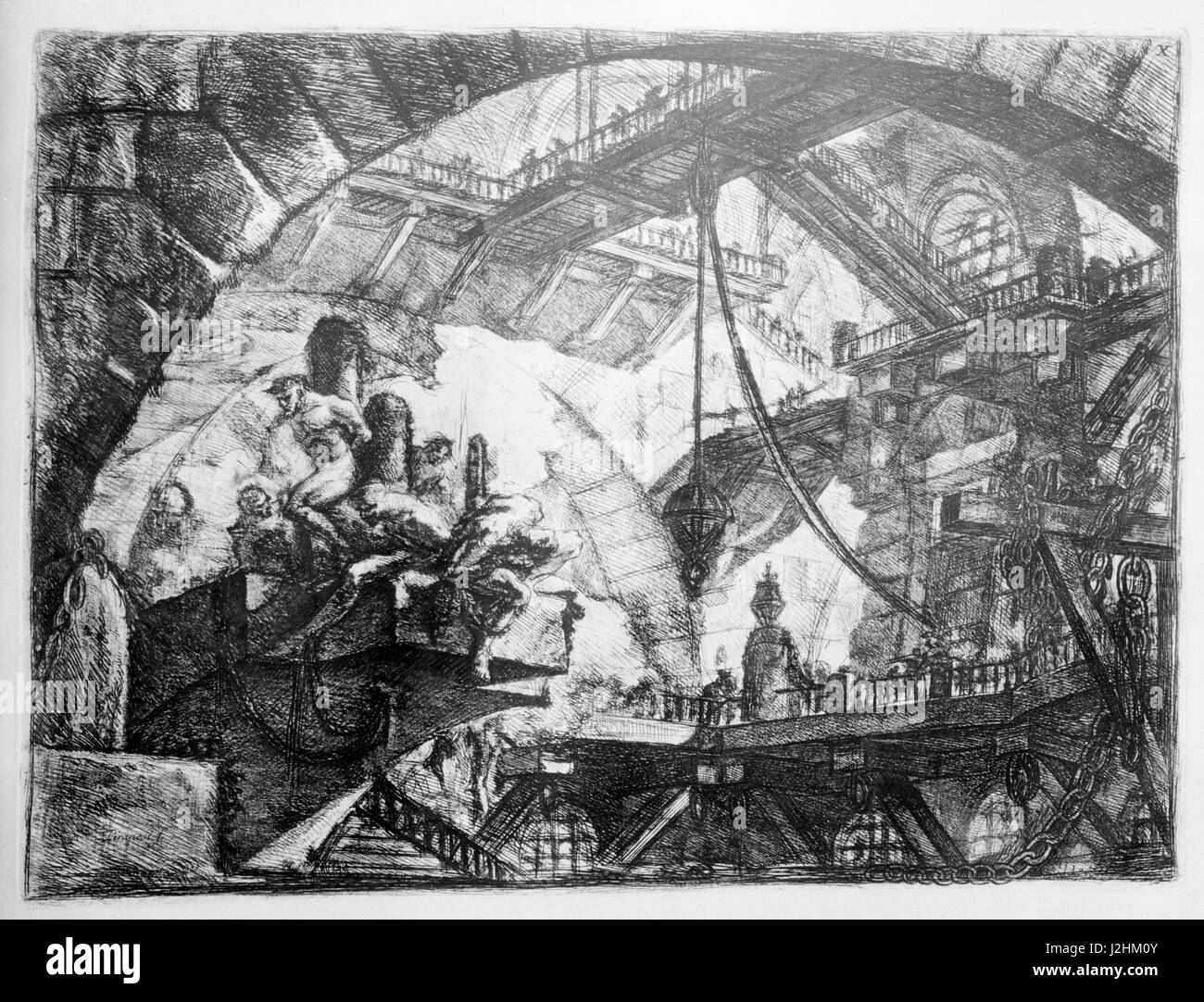 L'immaginario Carceri (Carceri d'invenzione), la seconda versione della serie di incisioni di Giovanni Battista Piranesi, pubblicato nel 1761. Piastra X: Prigionieri su una piattaforma sporgente collezione privata Foto Stock