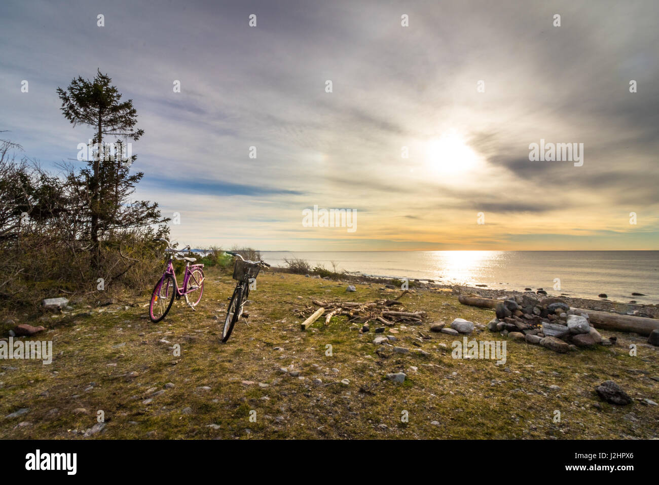 Due biciclette in piedi presso l'erba alla spiaggia. Vista oceano dalla riva di ghiaia nell'isola di Jomfruland Jomfruland nel Parco Nazionale, Kragero, Norwa Foto Stock