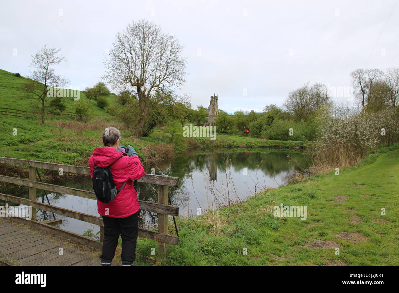 Una femmina di fotografo di scattare una foto di una bella vista sul lago con alberi Foto Stock