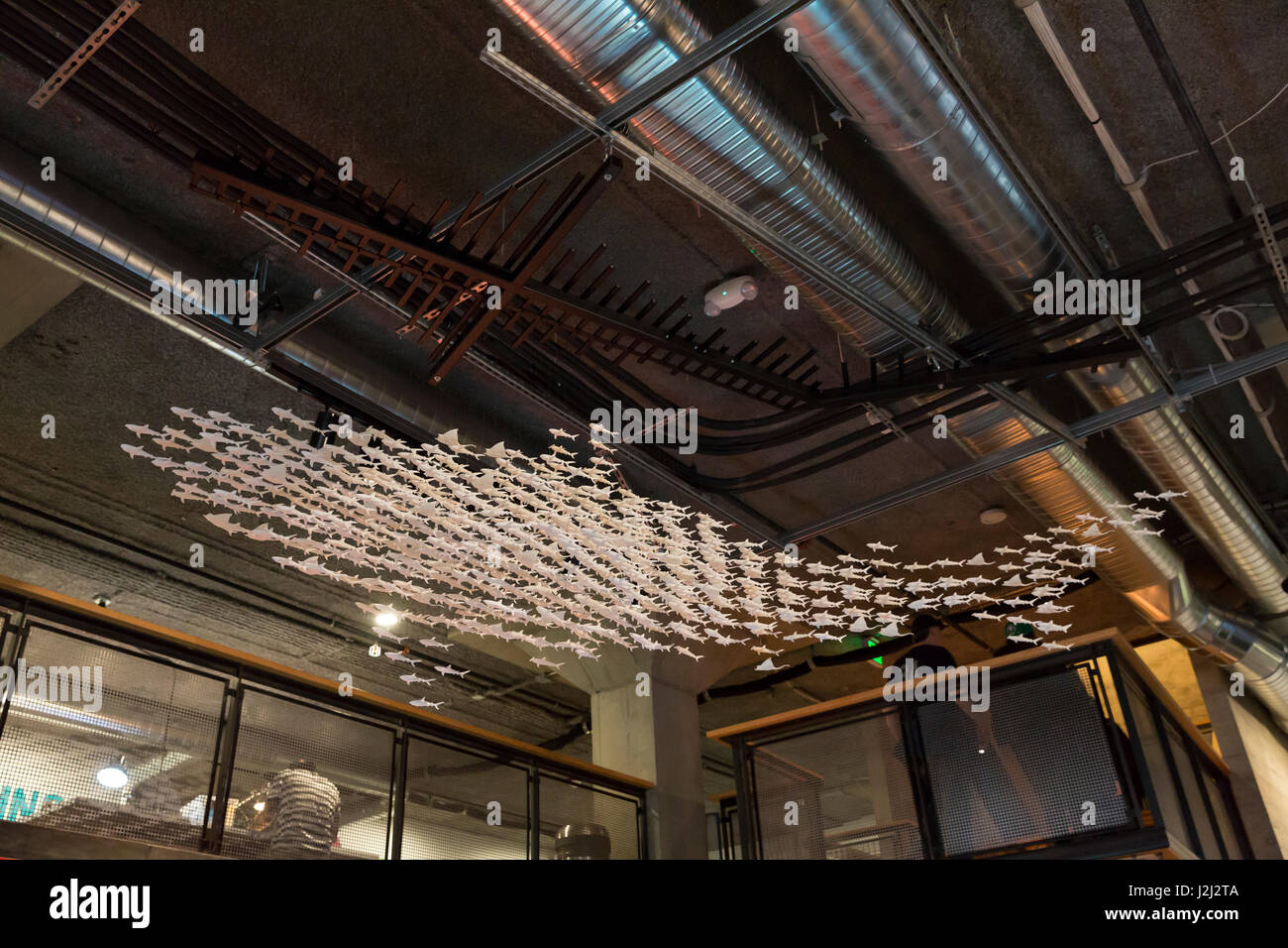 Seattle, Washington: pesce mobile costituito da una grande varietà di vita marina nella grande mostra dei dati al computer vivente: Museo + Labs. Noto anche come LCM Foto Stock