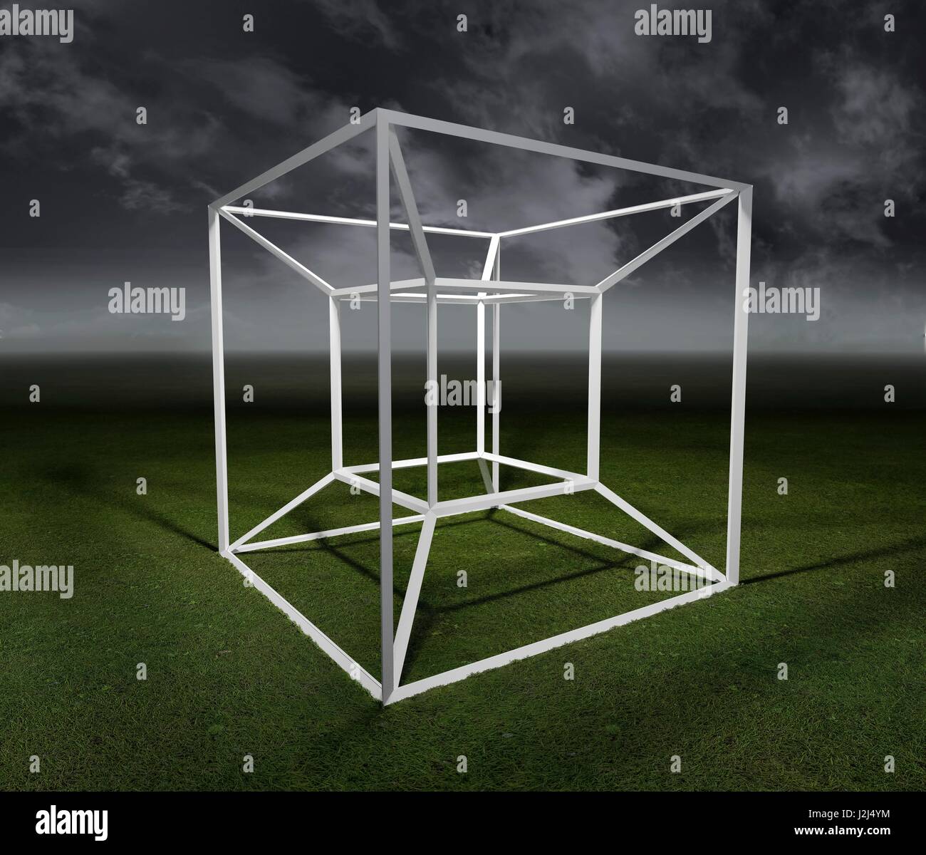 Un tesseract è un 4-dimensionale di analogo di un cubo, come un cubo è un 3-dimensionale di analogo di un quadrato. Il modello è una proiezione teorica di un quattro cubo dimensionale su uno spazio tridimensionale, analogo a un'immagine, disegno o ombra di un cubo come un pr Foto Stock