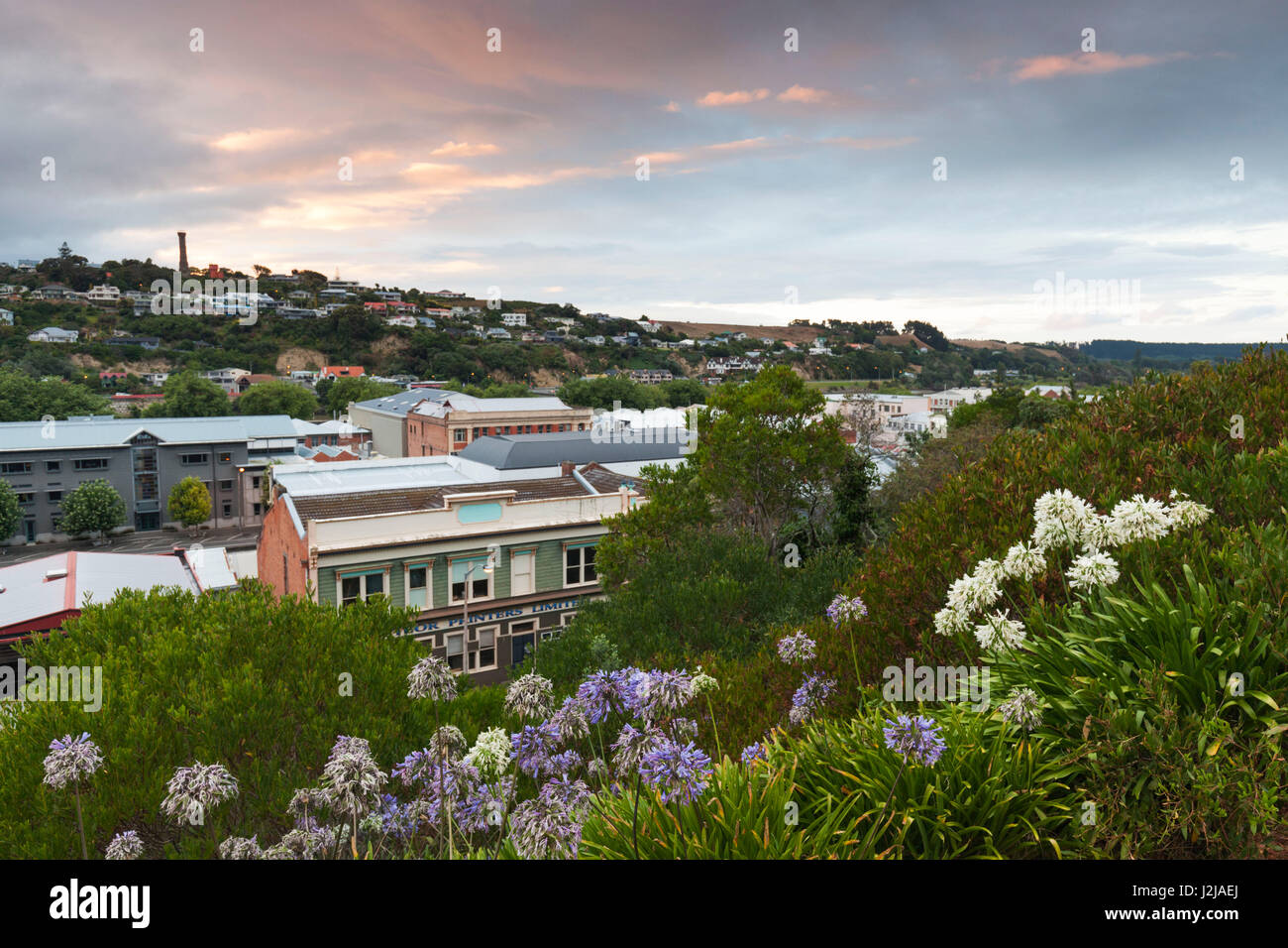 Nuova Zelanda, Isola del nord, Wanganui, elevati dello skyline della città, Alba Foto Stock