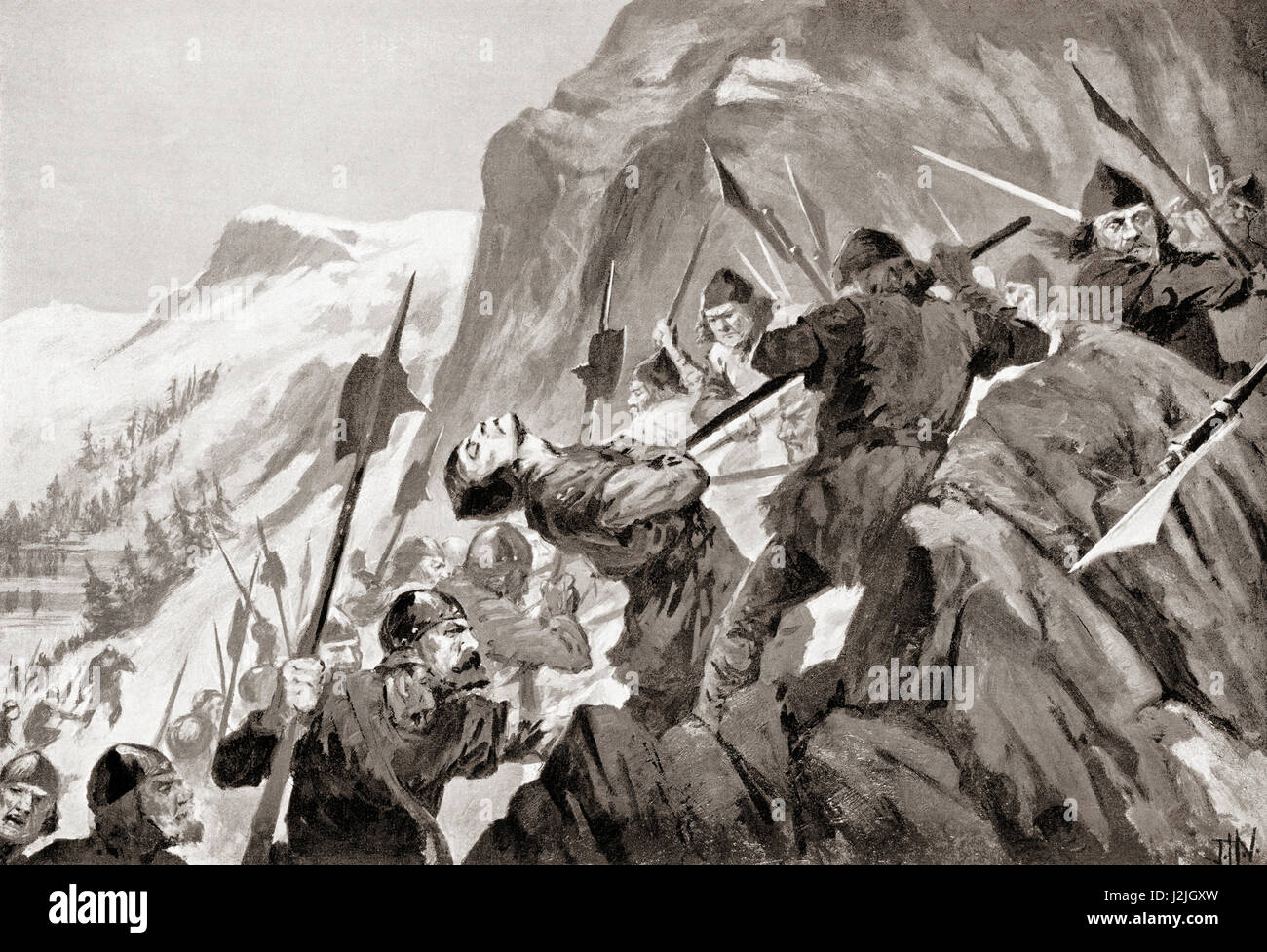 La battaglia di Morgarten Morgarten Pass, Svizzera, 15 novembre 1315, tra la Confederazione svizzera e soldati austriaci. Da Hutchinson nella storia delle nazioni, pubblicato 1915. Foto Stock