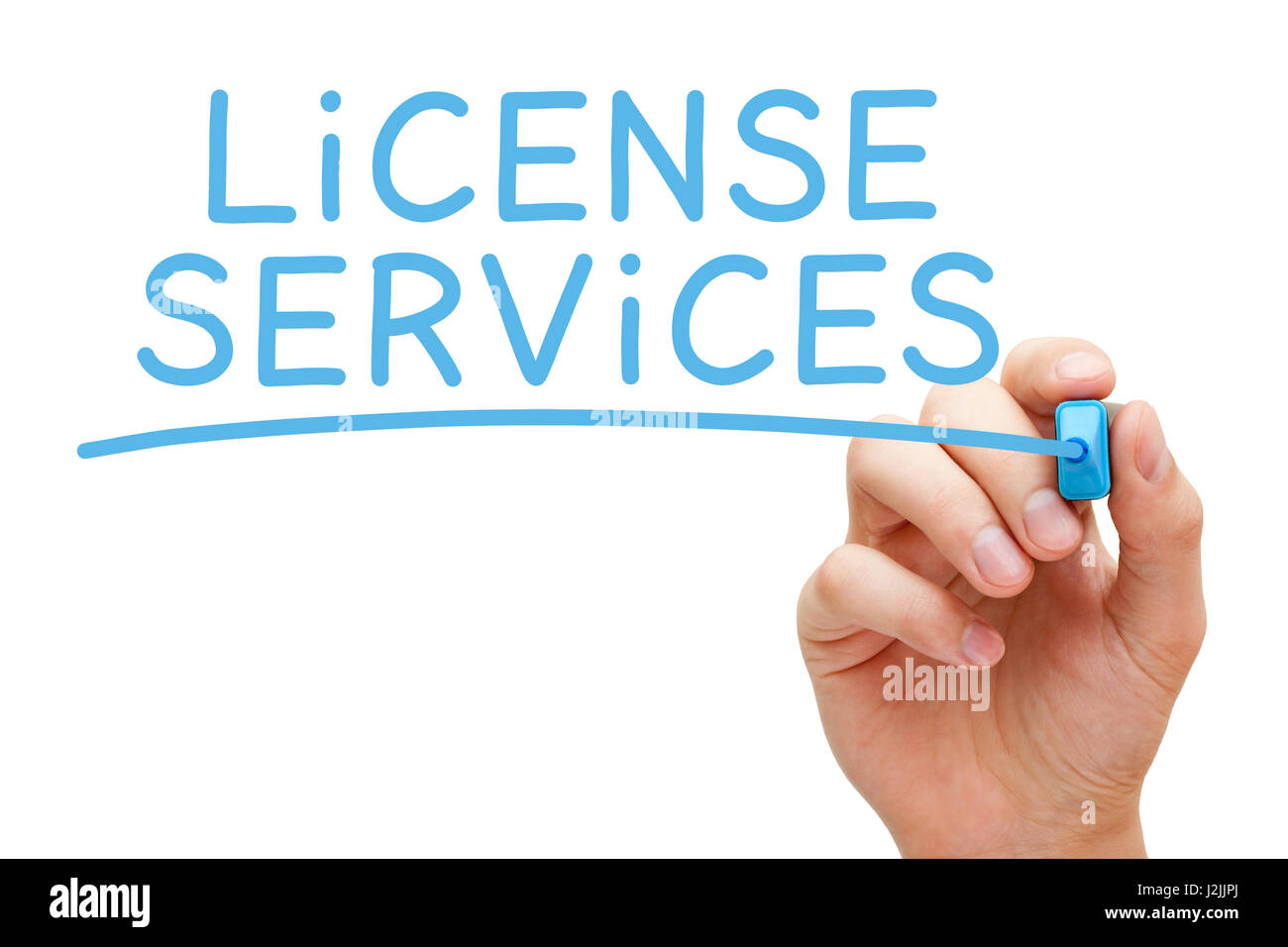 La scrittura a mano Servizi di licenza con marcatore blu su trasparente scheda di pulizia. Foto Stock