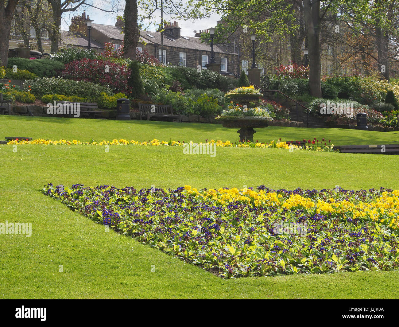 Uno dei molti giardini nel quartiere di Montpellier di Harrogate nel Northern Quarter, preso in primavera. Harrogate, North Yorkshire, Inghilterra, Regno Unito Foto Stock