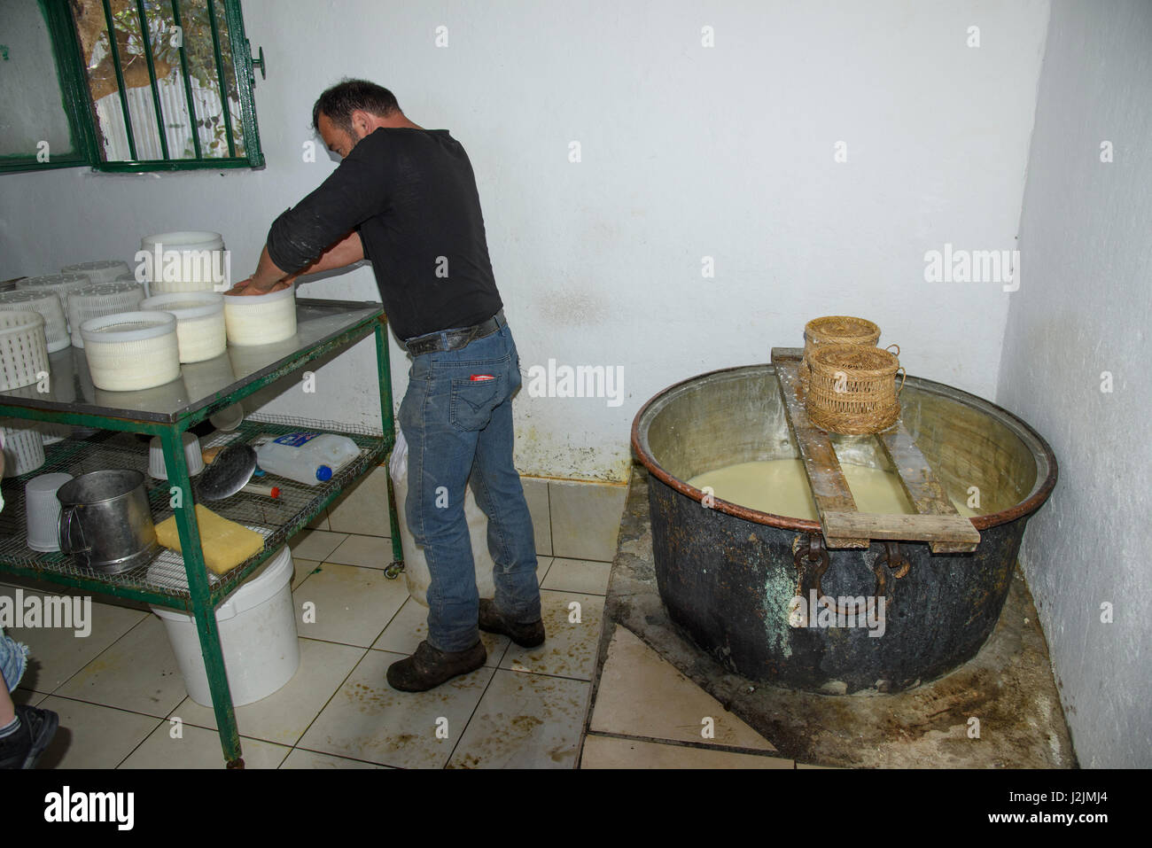 Latte di pecora Formaggio viene fatta nella Dikti Montagne in Lasithi regione di Creta vicino Kastamonitsa. Foto Stock