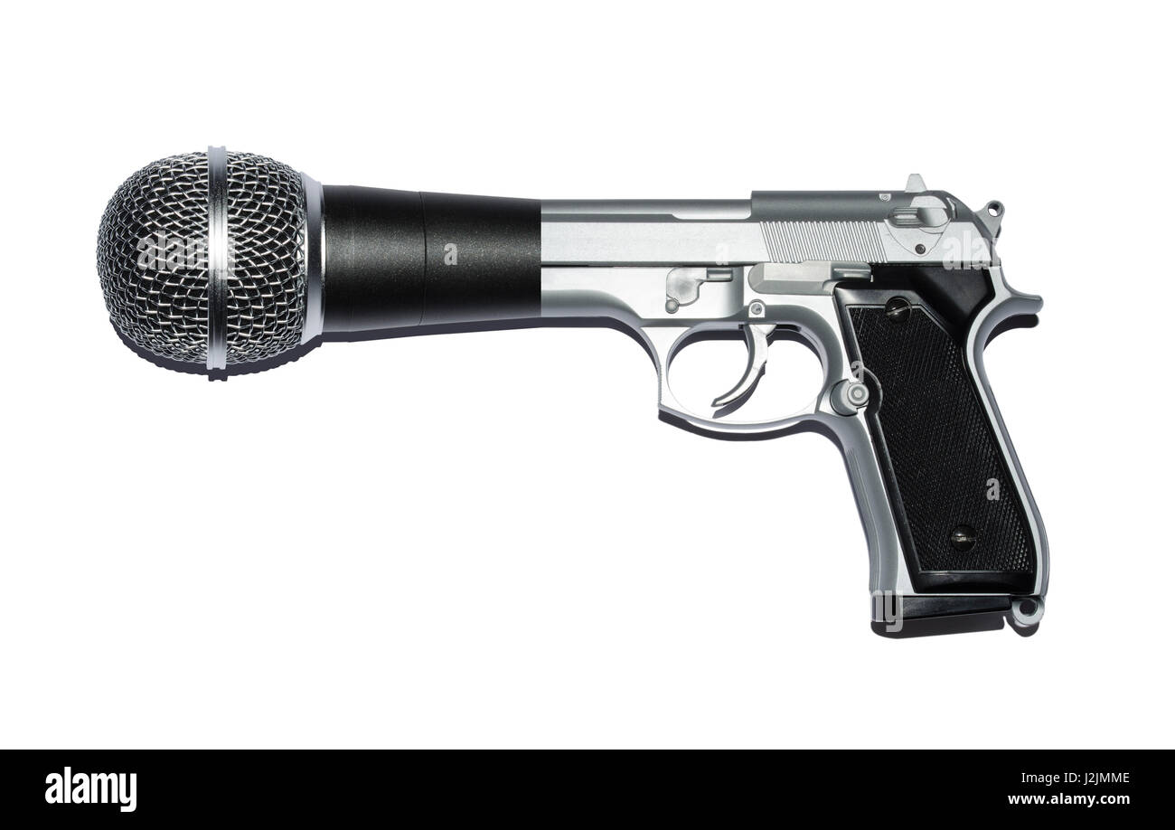 Pistola e microfono ibrido, metafora per dire la verità al potere. Foto Stock