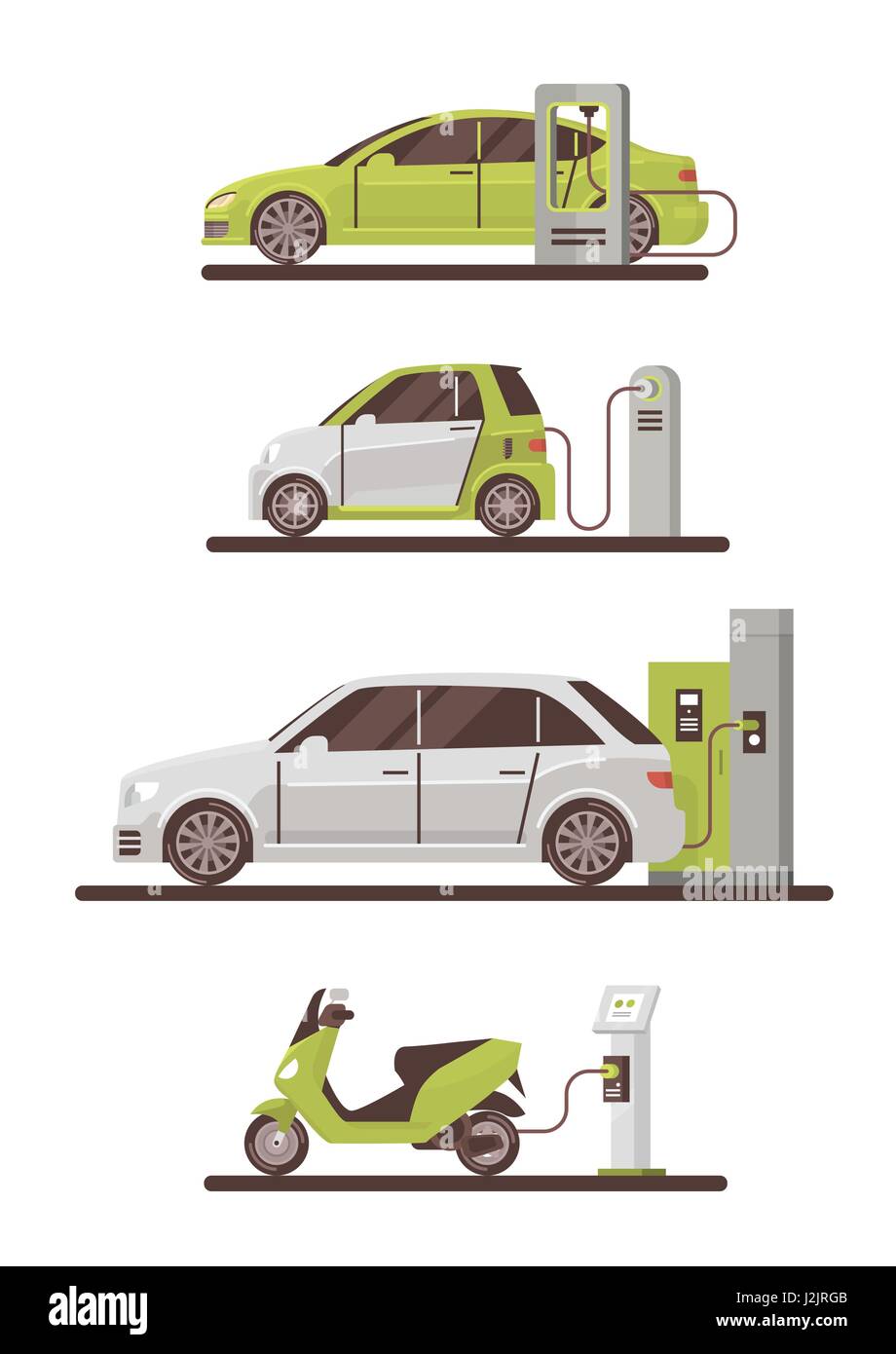 Le automobili elettriche e scooter alla stazione di carica Eco Friendly Set di veicoli Illustrazione Vettoriale
