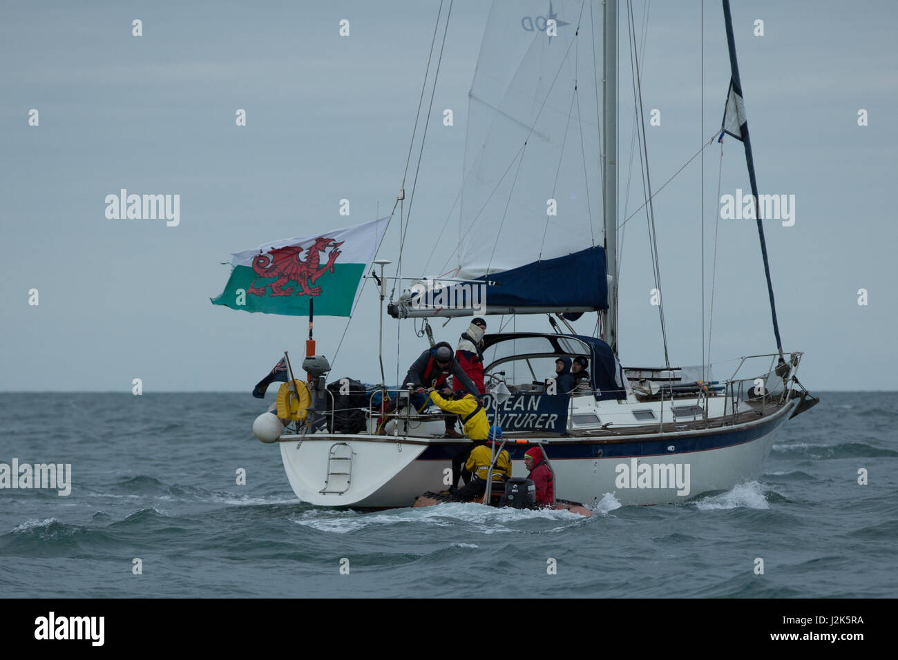 Un equipaggio di effettuare uno swap su come ciascun team è composto da dodici vogatori, alternandosi in gruppi di quattro per fila, mentre una nervatura di supporto (barca) li trasferisce a e da un accompagnamento yacht Foto Stock