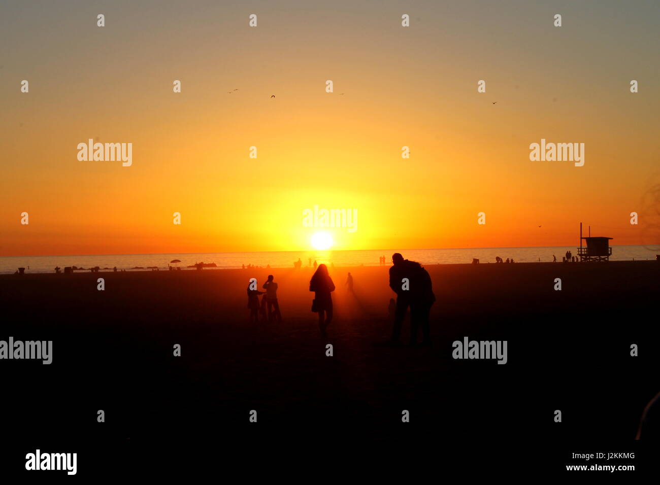 La spiaggia di Santa Monica Beach in California del Sud al tramonto Foto Stock