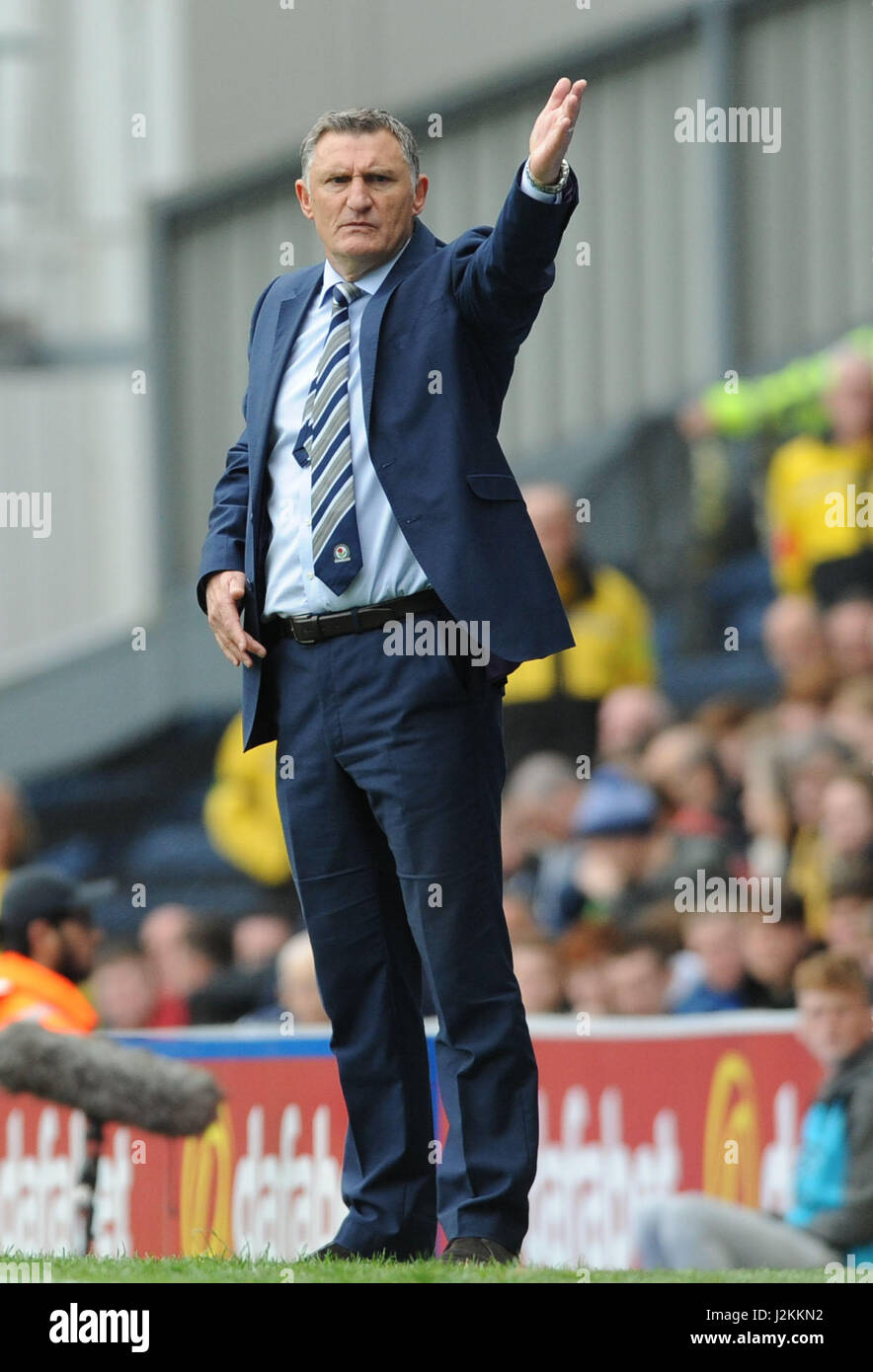 Blackburn Rovers manager Tony Mowbray durante il cielo di scommessa match del campionato a Ewood Park di Blackburn. Stampa foto di associazione. Picture Data: Sabato 29 Aprile, 2017. Vedere PA storia SOCCER Blackburn. Foto di credito dovrebbe leggere: Rui Vieira/filo PA. Restrizioni: solo uso editoriale nessun uso non autorizzato di audio, video, dati, calendari, club/campionato loghi o 'live' servizi. Online in corrispondenza uso limitato a 75 immagini, nessun video emulazione. Nessun uso in scommesse, giochi o un singolo giocatore/club/league pubblicazioni. Foto Stock