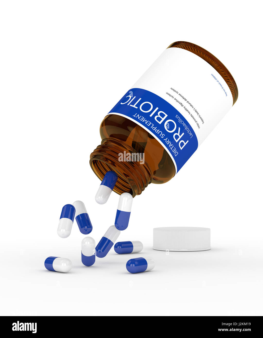 3D render di pillole di probiotici in bottiglia isolate su sfondo bianco Foto Stock