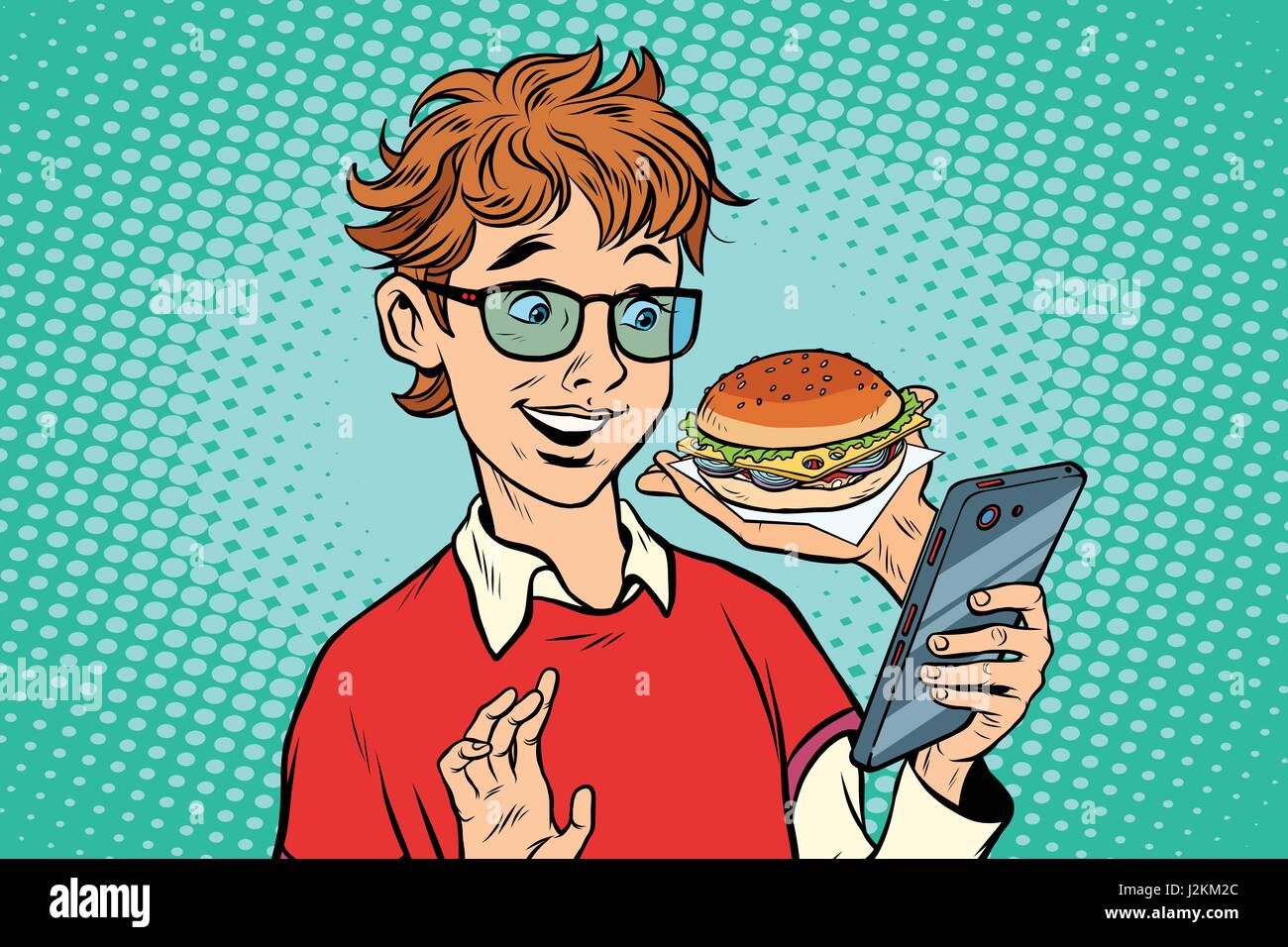 Online la consegna di cibo, un adolescente utilizza uno smartphone app Illustrazione Vettoriale