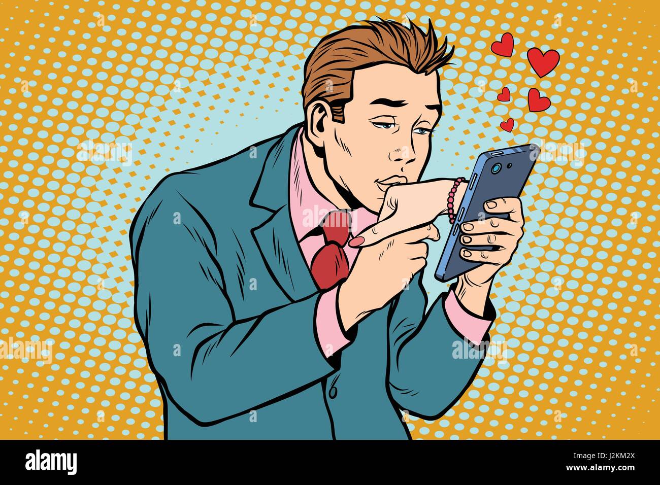 Data online e di amore di un uomo baci una mano womans tramite smartphone Illustrazione Vettoriale