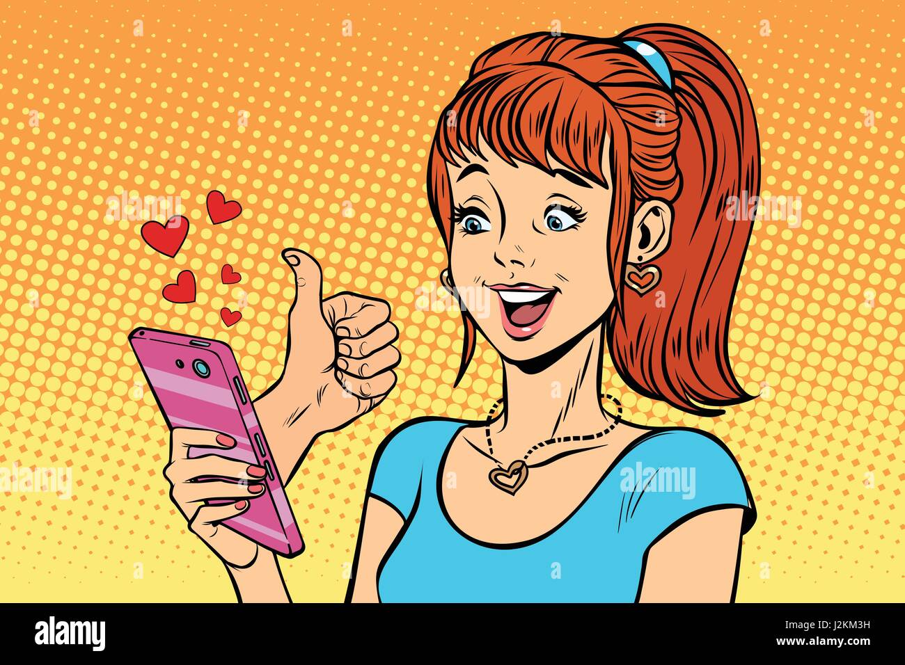 Giovane donna lettura online smartphone simili, amore e supporto Illustrazione Vettoriale